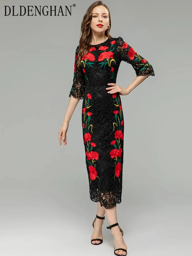 

Женское кружевное платье-карандаш DLDENGHAN, винтажное платье с круглым вырезом, коротким рукавом и цветочной вышивкой, модельное платье, новинка весны-лета