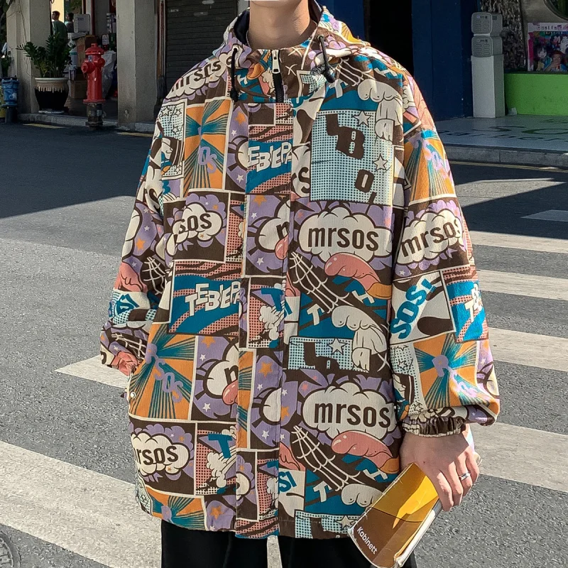 

YASUGUOJI High Street Hip Pop Cartoon Printed Hooded Bomber Jacket Men Streetwear Mens Fashion Clothing Trends Goku Windbreaker