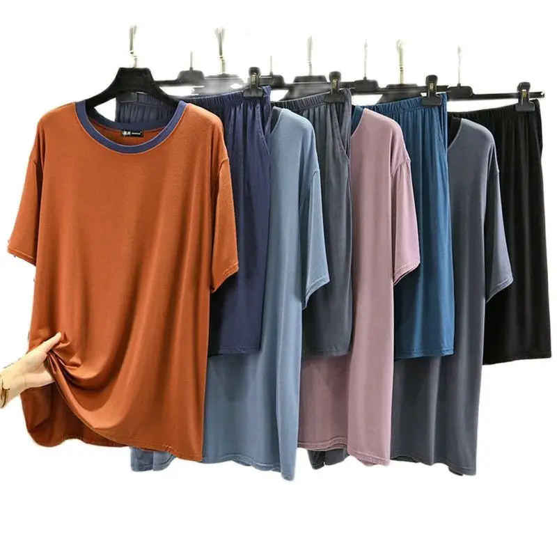 

Одежда из модала, пижамы, домашние комплекты с воротником 5XL, летняя повседневная мужская одежда для сна с круглым вырезом и свободным рукав...