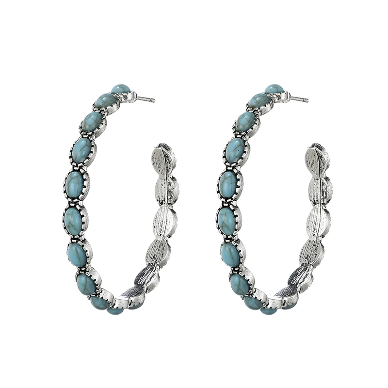 

Bohemian Turquoises Hoop Earrings For Women Big Statement Round Vintage Silver Color Boho Earrings Fashion Western Jewelry Gift