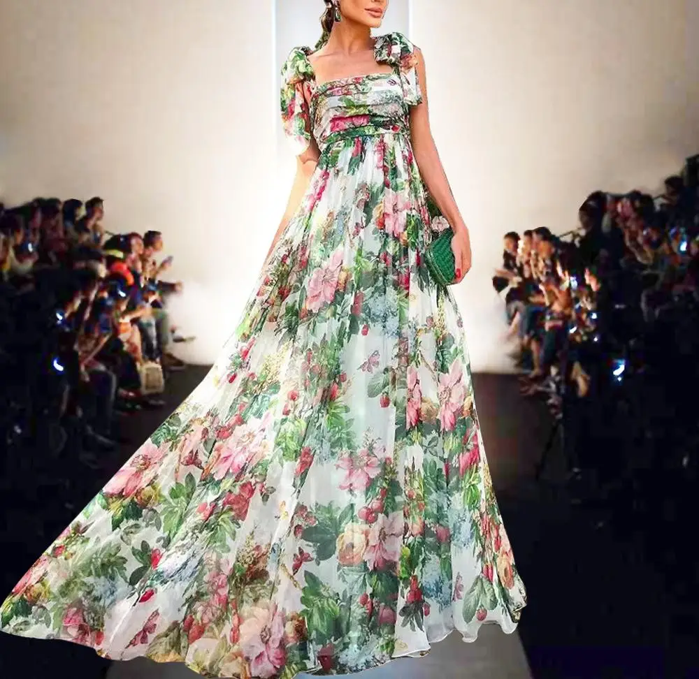 

Women Summer Dress 2022 New Women's Rose Print Pleated Wrap Chest Large Swing Elegant Suspender Long Skirt Women Dresses