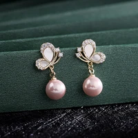 woman fashion gold color cz crystal butterfly shell pearl drop earrings with zirconia for brides wedding jewelry