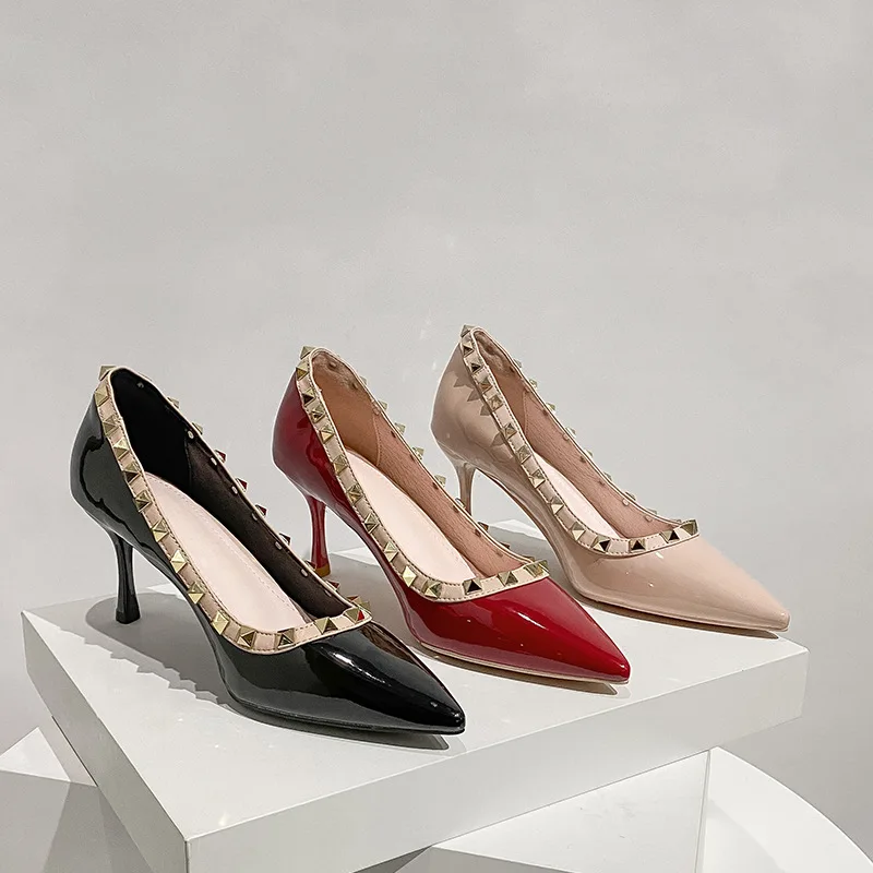 

Summer Women's Shoes Rivets Casual Heels All-Match Slip On 2022 Shallow Mouth Pointed Pumps Lace-Up Sandals Ladies Sweet Spring
