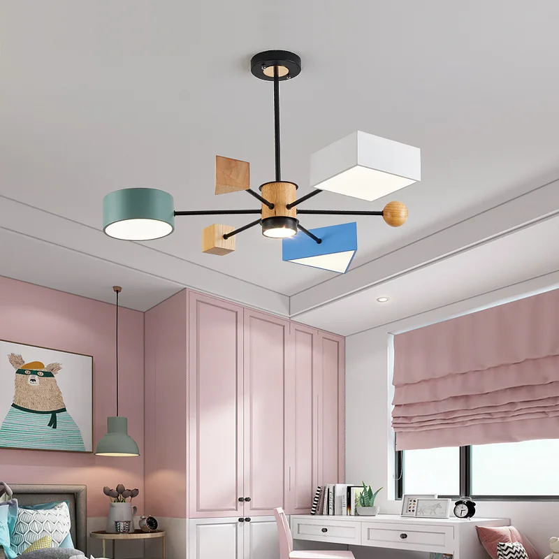 

Простой креативный красочный строительный блок люстры светодиодный лампы для детской комнаты, детской спальни, лампа для обеденного стола из массива дерева 42 Вт