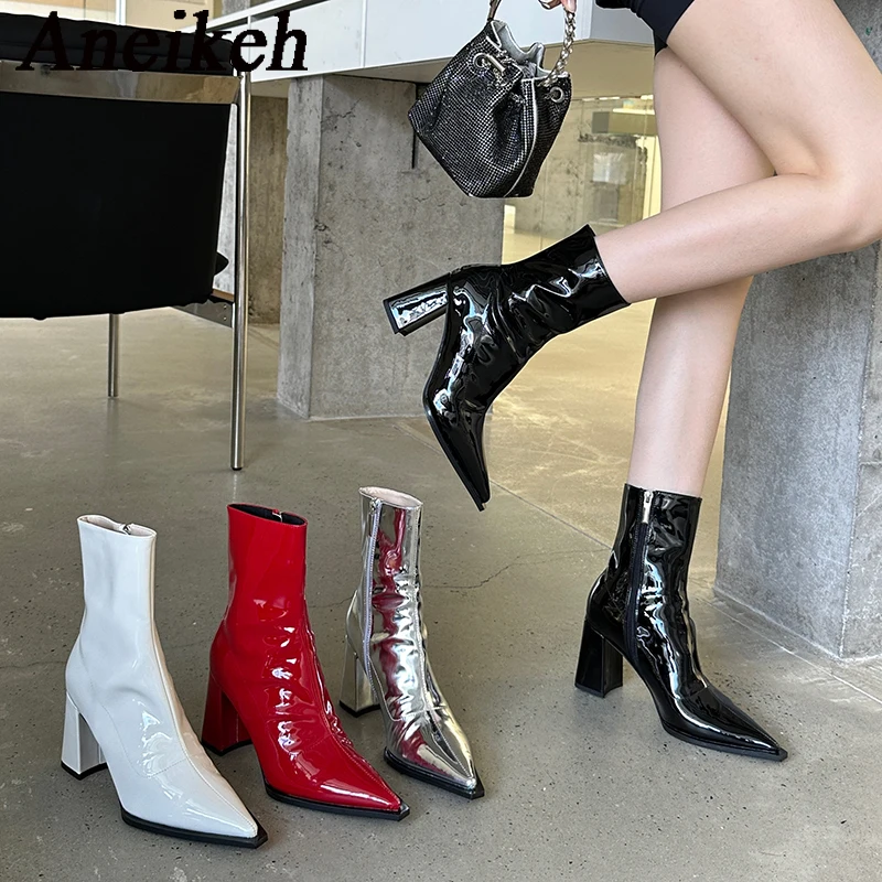 

Aneikeh 2024 Sexy Patent Leather Sewing Side Zipper Ankle Boots Women Spring/Autumn Pointed Thick Heels WESTERN Boot Party Ball