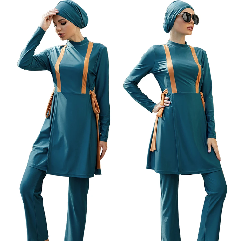 

2022 Blue Swimming Suit For Burkini Muslim Fashion Swimwear Women Swimsuit Long Sleeve Arabic Turkey Pakistani Islamic Swim Wear