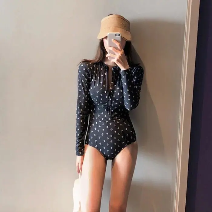

New Swimwear Slim Looking Belly Covering Sexy Conservative One Piece Swimsuit Long Sleeve Sunscreen Diving Suit Sports Swimming