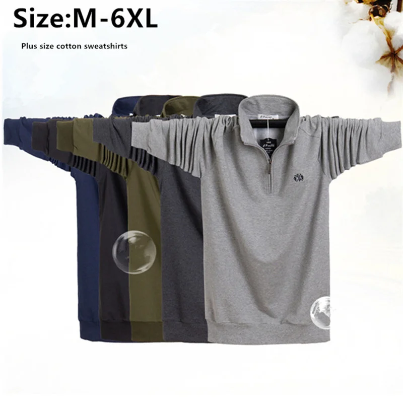 

Cotton Long Sleeve Tops 5XL 6XL Pullover Oversized Turn Down Collar Hat Zipper Men Sweatshirts Plus Size Sports Thick Tee Shirts