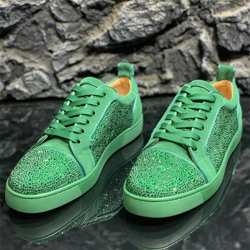 

Fashion Designer Green Genuine Leather Diamonds Crystal Red Bottoms Shoes For Men's Flats Loafers Women's Casual Brands Sneakers