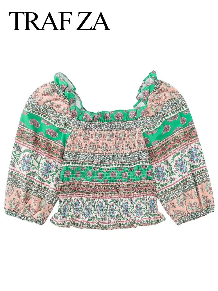 

TRAF ZA Elegant Shirt Women's Printed One-Shoulder Puff Sleeves Elastic Slim Retro Lace Cropped Pullover Top + Series Jumpsuit