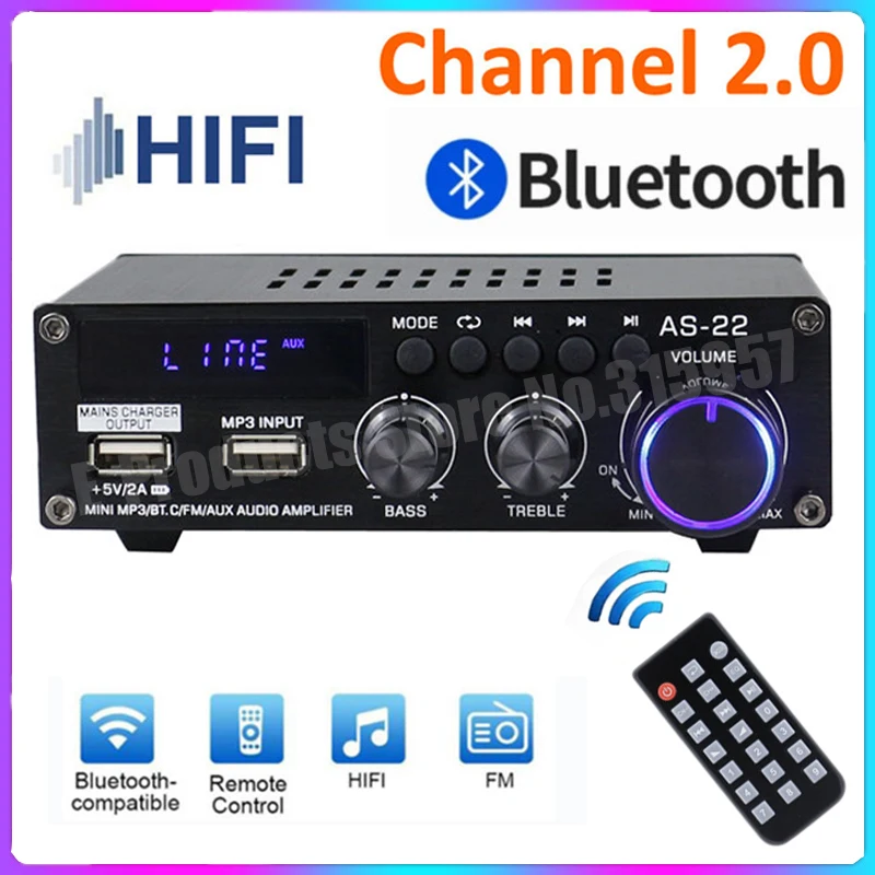

AS22/AK380/AK370 Sound Amplifier Channel 2.0 HIFI Bluetooth Amp Home Digital Audio 12V 3A for Car home Bass Treble BT Amplifiers