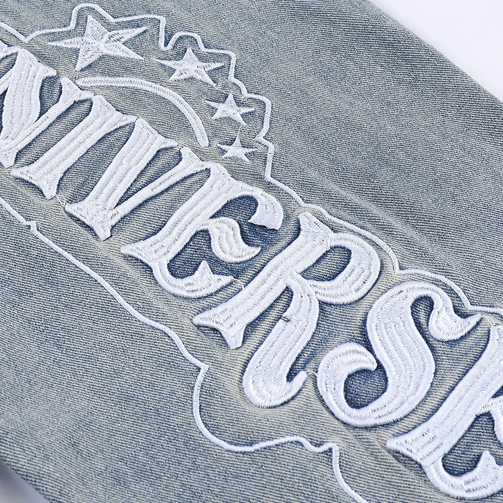 2023 Retro Pocket Letter Embroidery Ripped Casual Jeans Men Women Straight Harajuku Oversize Streetwear Loose Denim Trouser Blue