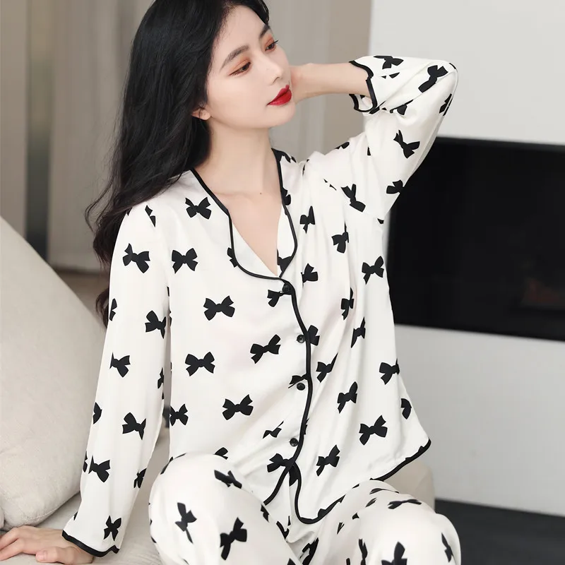 Silk Satin Pajamas for Womens Sets Floral Long Sleeve Pajamas Sets Women's Two Pieces Solid Color Comfort Sleep Homewear