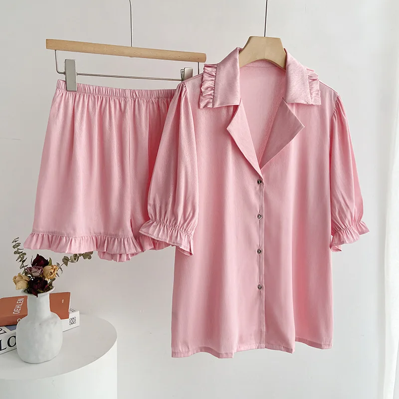 

2PCS Pajamas Suit Summer New Pyjamas Satin Sleep Set Intimate Lingerie Cute Ruffle Sleeve Women Loungewear Home Clothing