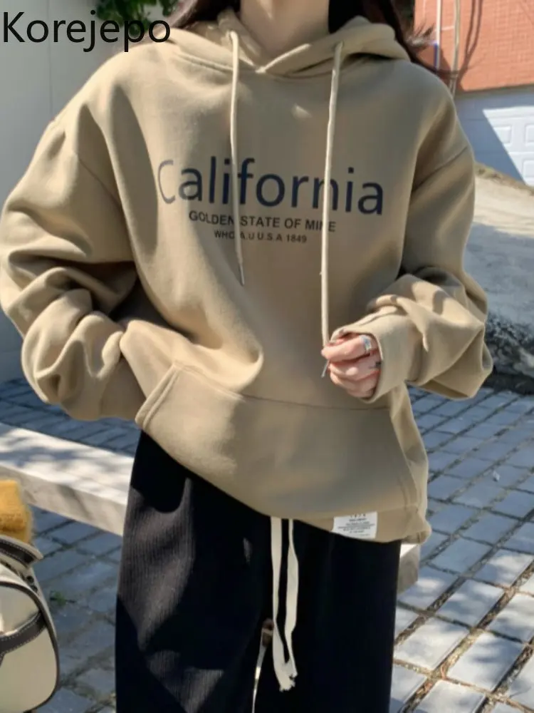 

Korejepo Retro Letter Printing Sweatershirt Women Autumn Winter American Hooded Pullover Top 2022 New Loose Plush Thickened Coat