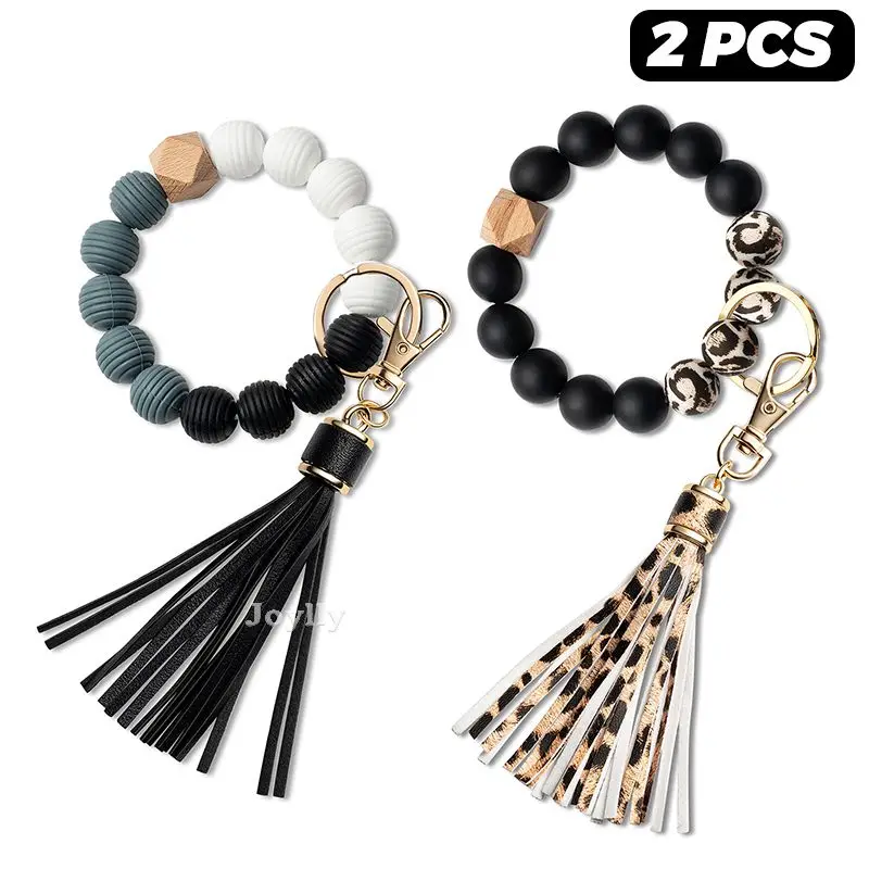

Silicone Beaded Bracelets For Women Girls Leopard Tassel Keychains Wristlet Elastic Bangle Car Key Pendant Jewelry Accessories