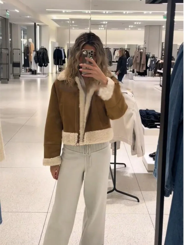 Двусторонняя куртка на молнии замшевое коричневое флисовое короткое пальто