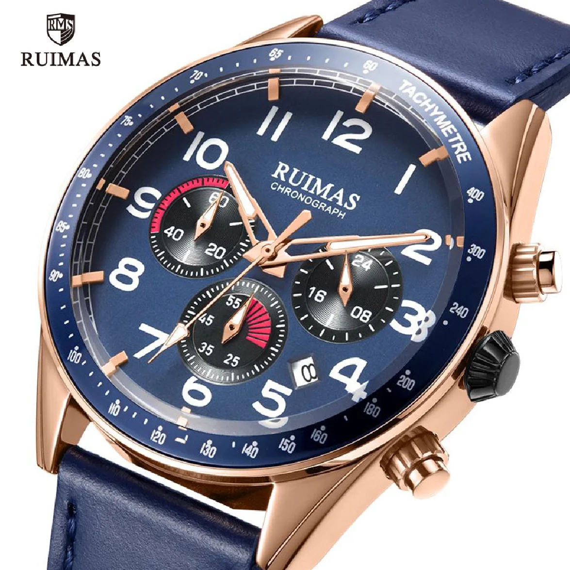 

RUIMAS Chronograph Quartz Watches Men Luxury Military Sports Wristwatch Man Blue Leather Watch Male Relogios Masculino Clock 574