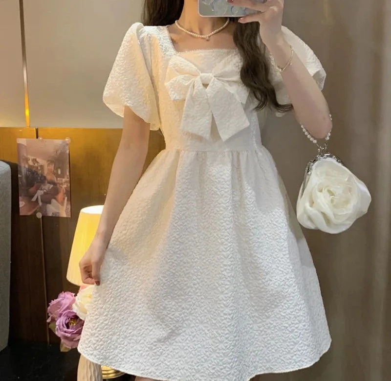 Casual Puff Sleeve Fairy Dress White Women's Dresses Free Shipping Cute Kawaii Fashion Preppy Loose Y2k Fairy Grunge Baby Doll