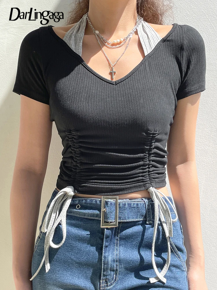 

Darlingaga Casual Skinny Halter Patched Drawstring Female T-shirt Fashion Slim Summer Crop Top Tee Shirring Chic Korean Outfits