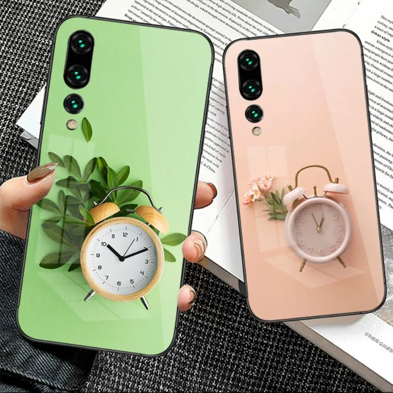 

Будильник и цветы для Huawei P50 P40 P30 P20 Pro Mate 40 30 20 Pro Nova 9 8 7 PC стеклянный чехол для телефона