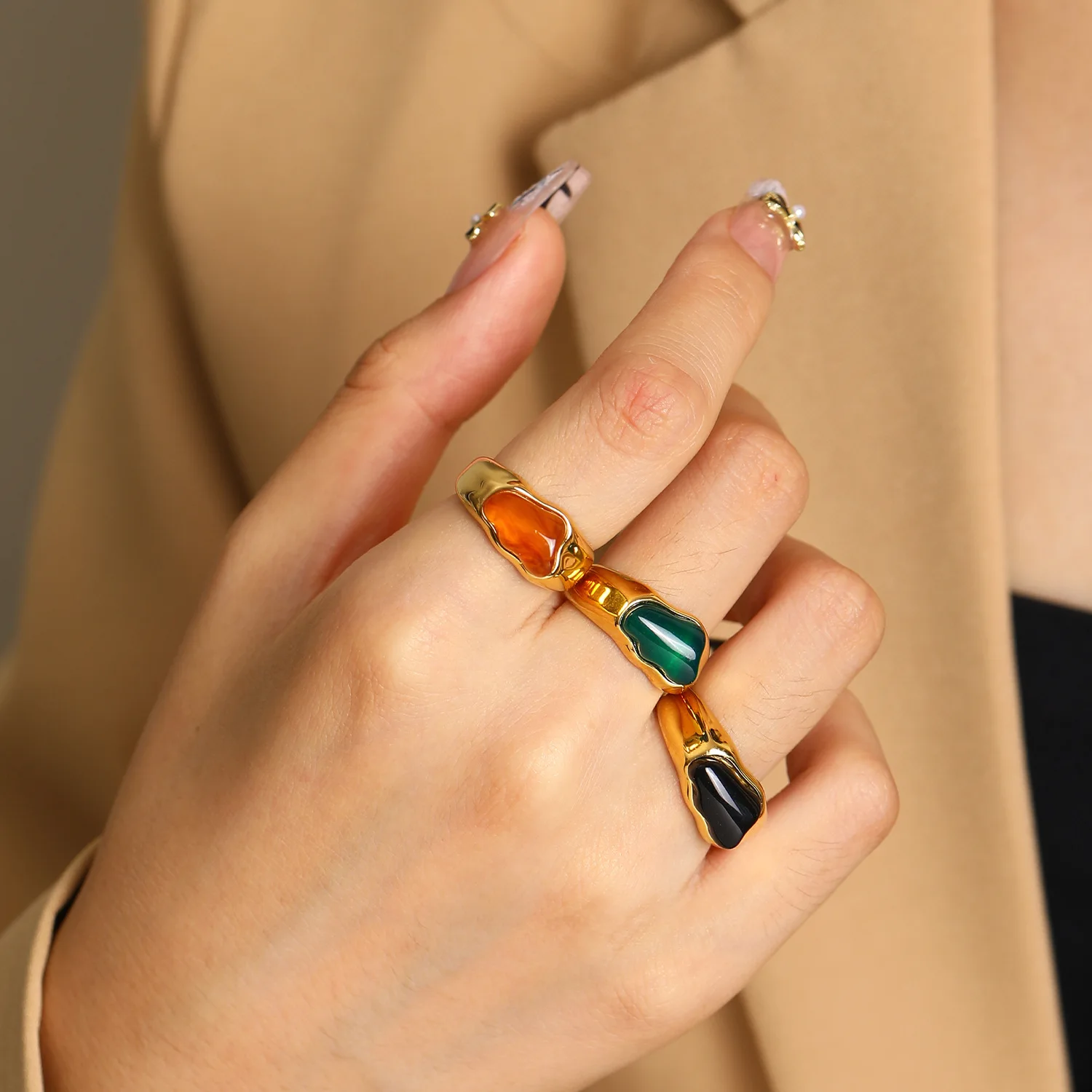 

Bohemian Irregular Gemstone Wedding Rings For Women Vintage Accessories 2023 Trendy Stainless Steel Men Jewelry Birthday Gift