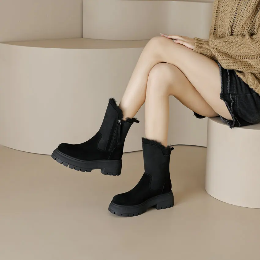QUTAA/2024 г. Теплые шерстяные женские ботильоны повседневная обувь из натуральной