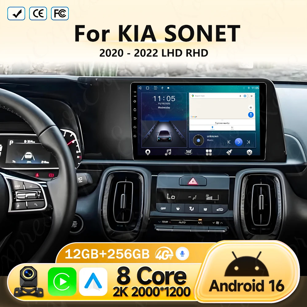 Фото Автомагнитола Android 16 для KIA SONET 2020-2022 (левый/правый руль), мультимедийный видеоплеер, навигация, стерео, GPS, Carplay, Auto, WIFI, 4G, BT, DVD №1