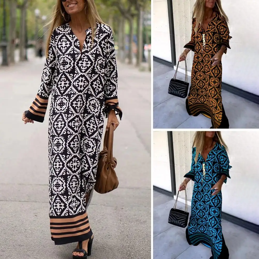 Платье-Макси женское с длинным рукавом разрезом сбоку и V-образным вырезом