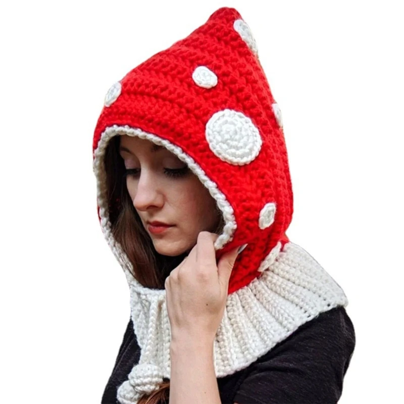 

Mushroom Hat Hooded Hat Scarf Knitted Beanie Hat Knit Earflap Neck Warmer NEW