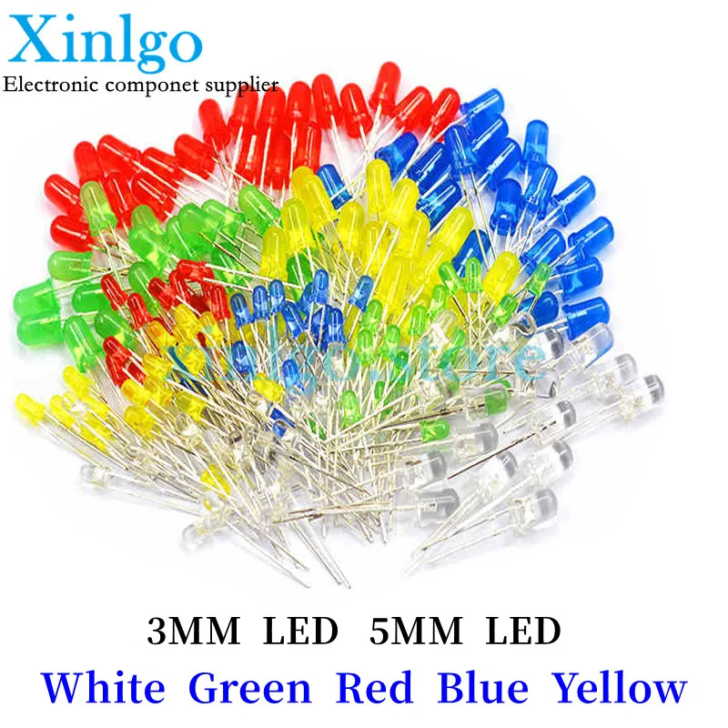 

100pcs 3mm 5mm LED Diode Assorted Kit White Green Red Blue Yellow Orange F3 F5 Leds Light Emitting Diodes electronic