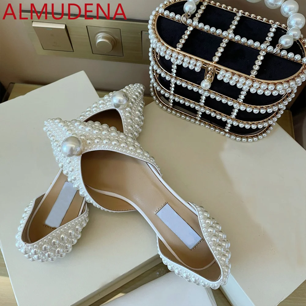 Pointed Toe Women D'orsay Flats Full Pearl Shoes Elegance Dress Adult Summer Genuine Leather Sheepskin Shoe Outside Slip On Flat