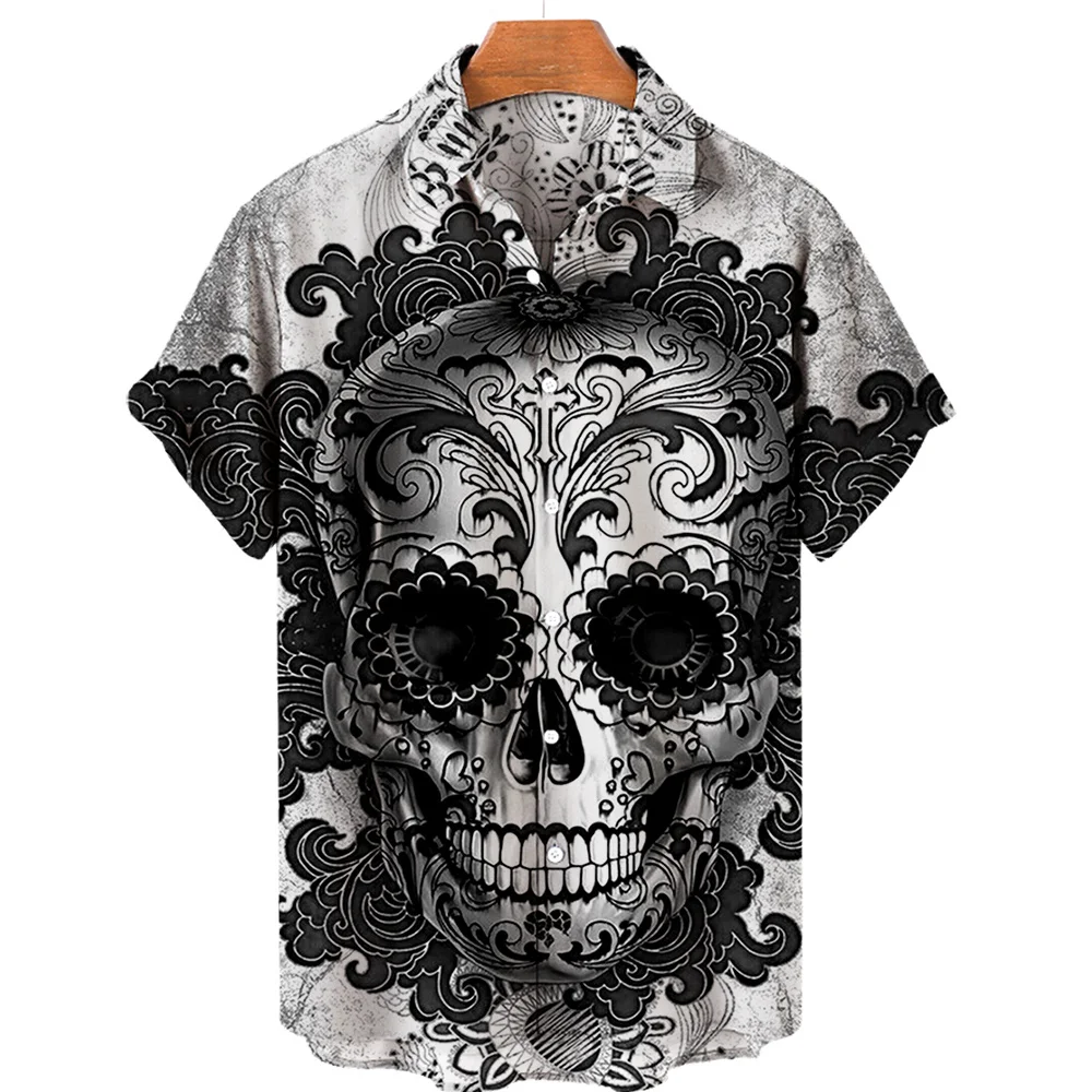 

Hawaiian Summer Men Shirt, Loose Large Clothes, with Color 3d Horror Patterns, Thrillers, Skeletons, Urban Fashion