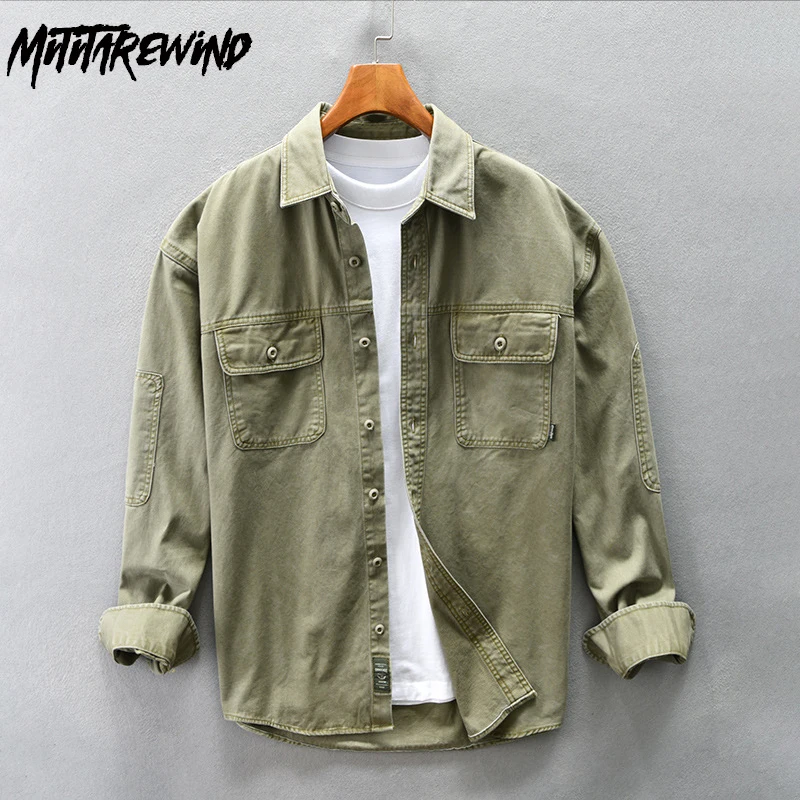 

Рубашка-карго Мужская джинсовая с карманами, Повседневная Свободная блуза из чистого хлопка, джинсовая рубашка армейского зеленого цвета с длинными рукавами, молодежная мода, осень