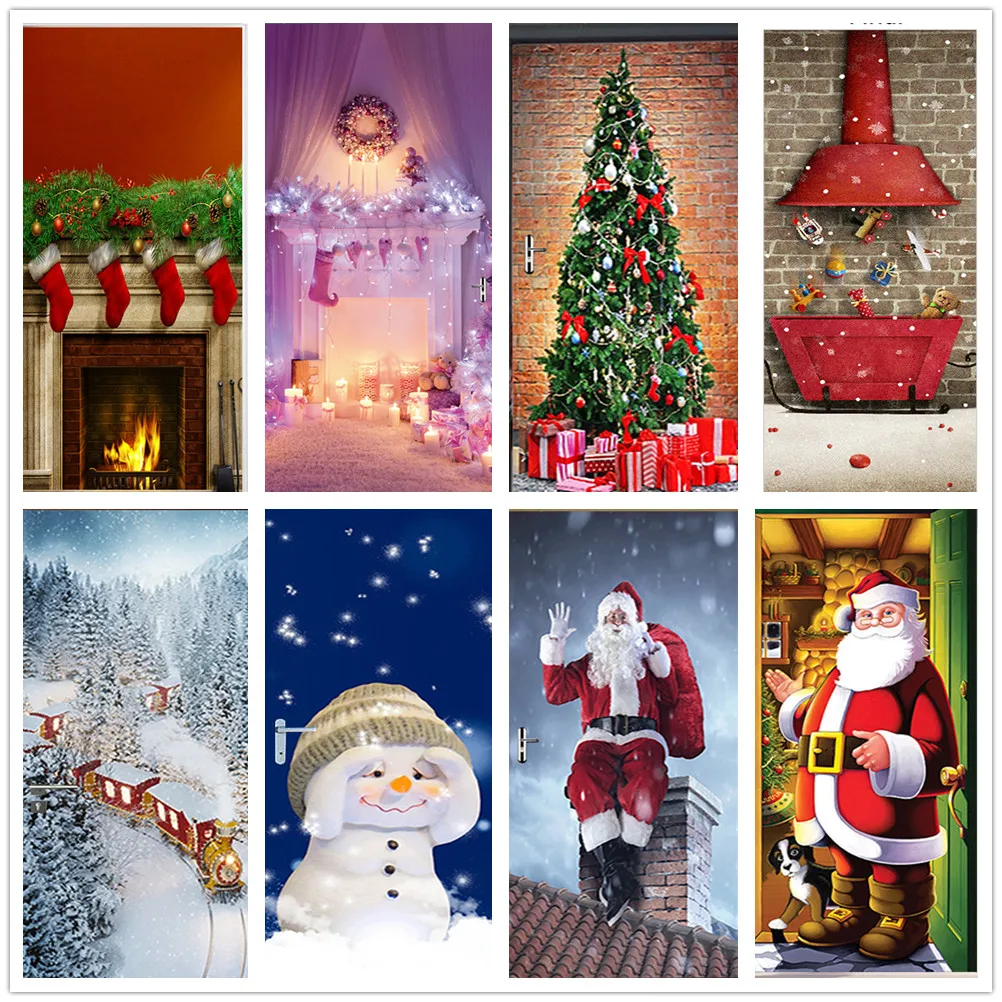 

Merry Christmas Door Sticker Mural Removable Wallpaper Customized Santa Claus Tree Fireplace Snow Poster Xmas Decor Deurstickers