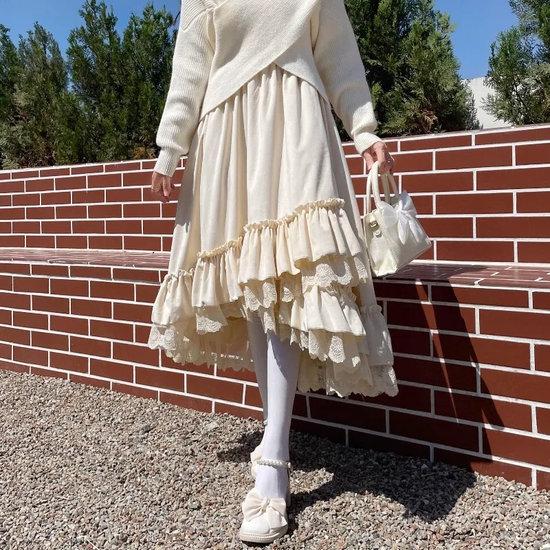 

Spring Autumn Women Lolita Skirt High Waist Black Apricot Velvet Midi Skirt Cute Kawaii Layered Lace Ruffles Midi Skirt