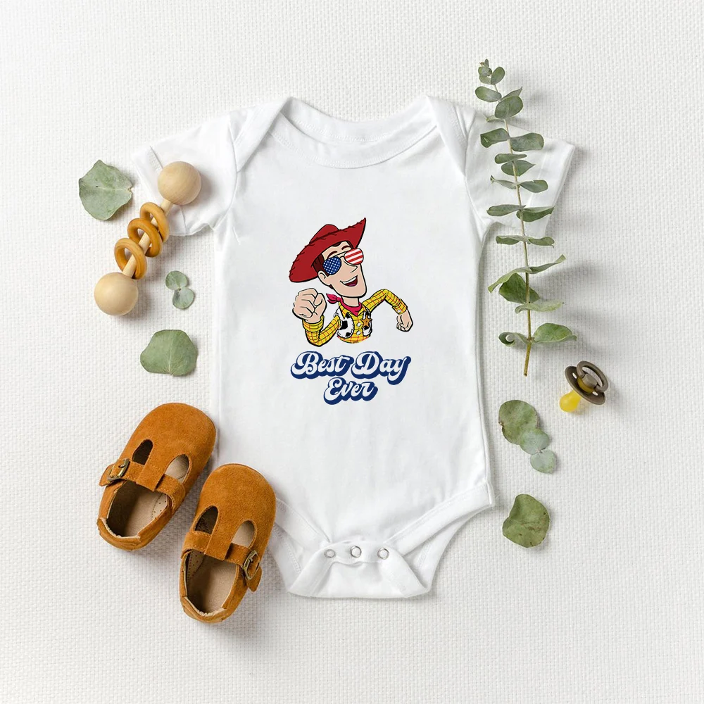 

Детский комбинезон Disney, летний ромпер с графическим рисунком Вуди, американский флаг, солнечные очки для младенцев, мультяшная История игру...