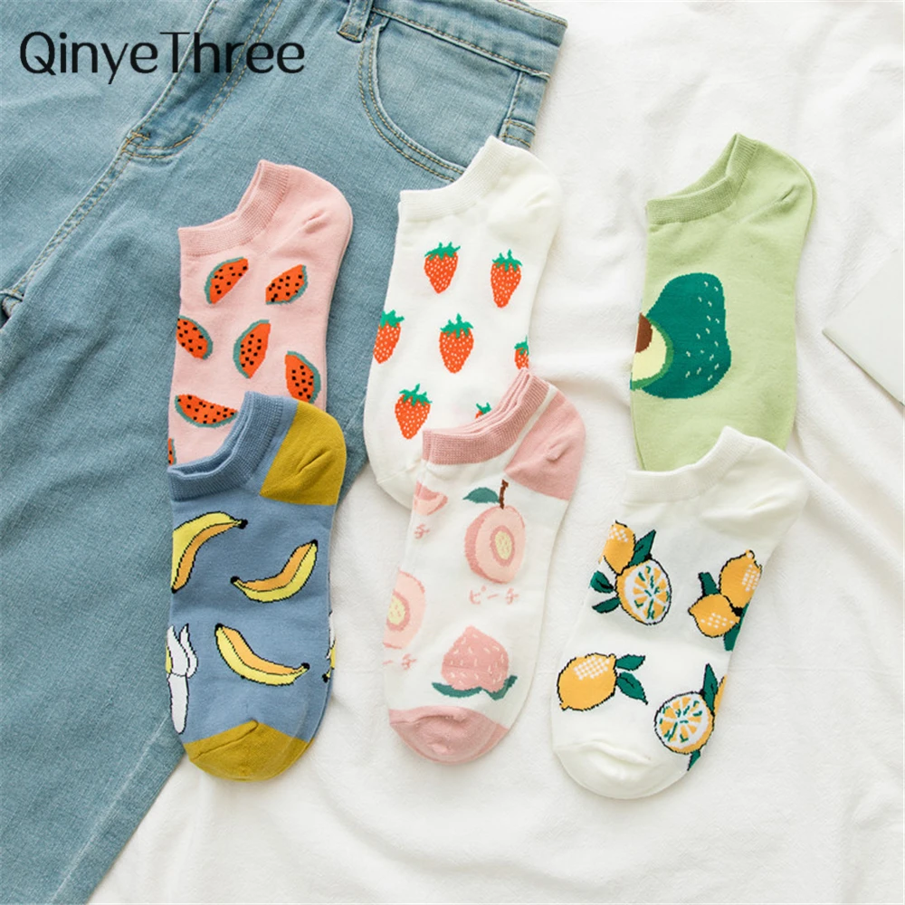 

2020 Girls fashion summer funny cute cartoon happy fruit socks avocado strawberry watermelon banana lemon peach sokken