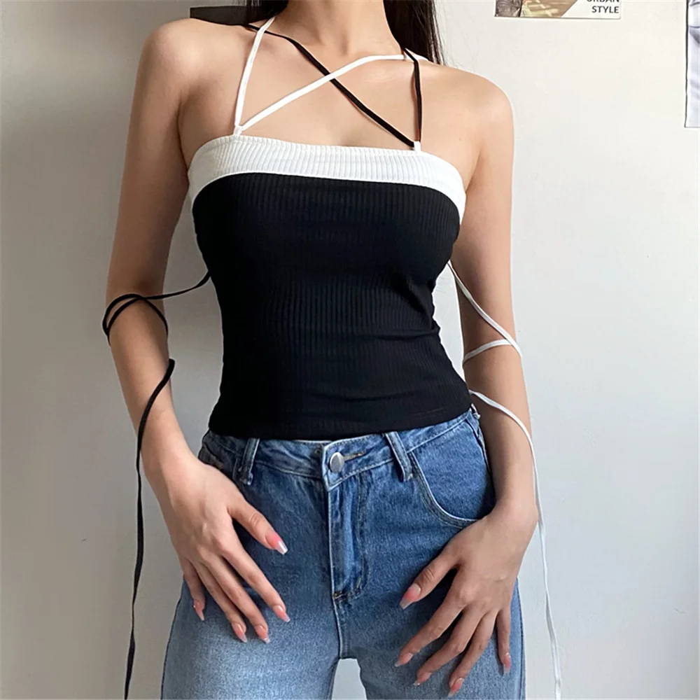 

2022 Women Sexy Contrast Color Sleeveless Crop Top Cross Neck Bandage Ribbed Slim Fit Camis Summer Female Clothes Nightclub