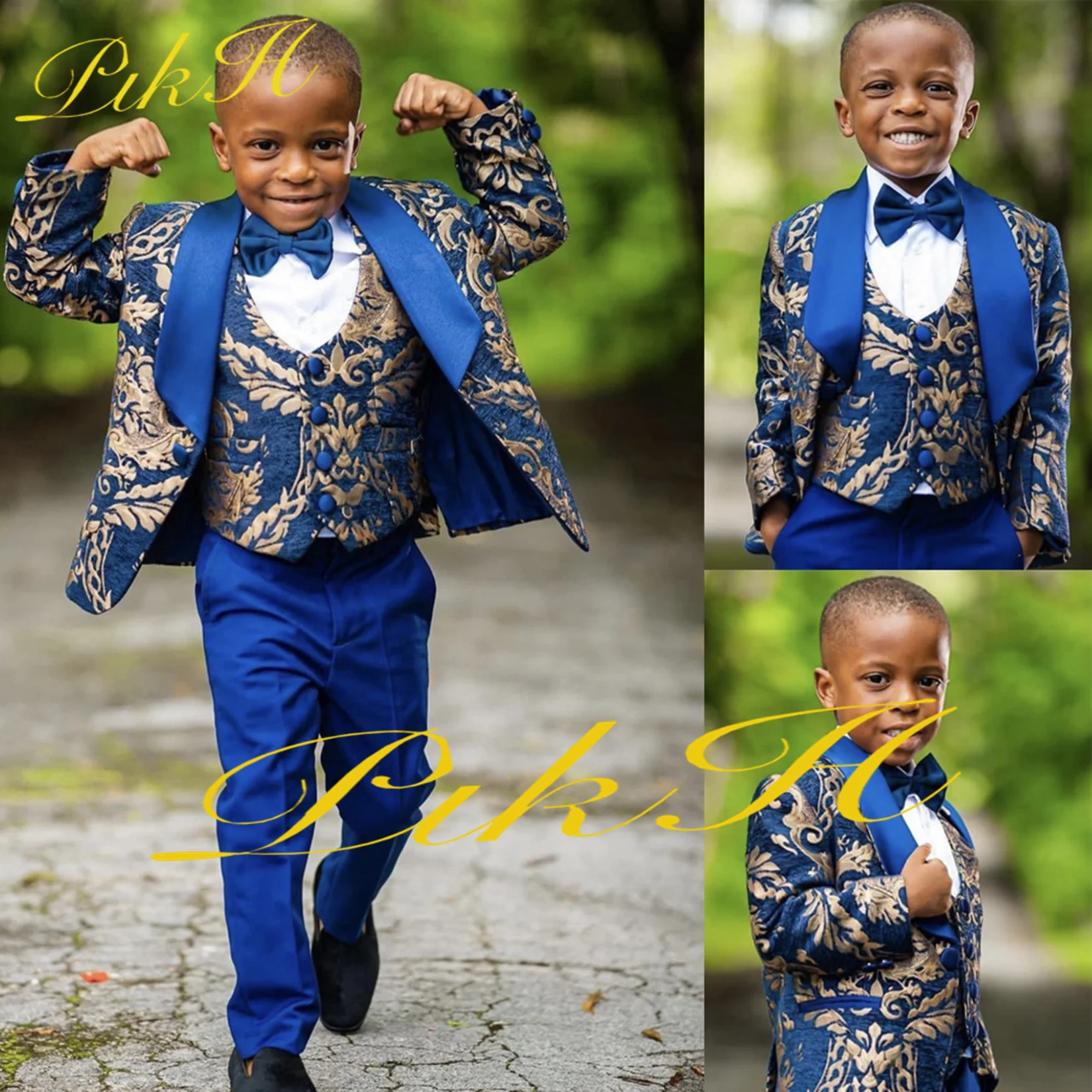 Royal Blue Boy Suit 3 Piece Floral Jacket Pants Vest Wedding Tuxedo for Kids Fashion Blazer Set costume enfant garçon mariage