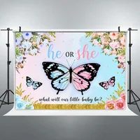 Gender Reveal Party Wall Poster Backdrop Pink Blue Butterfly Wing Flower Dessert Table Banner Decoration Photography Background