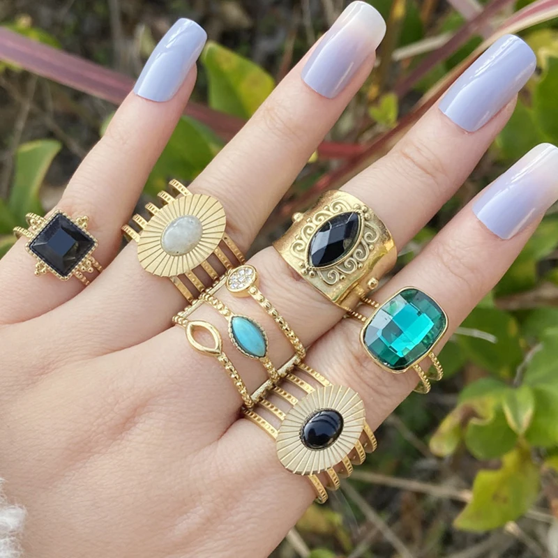 

Bohemian Stainless Steel Ring Finger Jewelry for Women Natural Stone Turquoise Gold Plated Antique Open Ended Ring Band Jewelry
