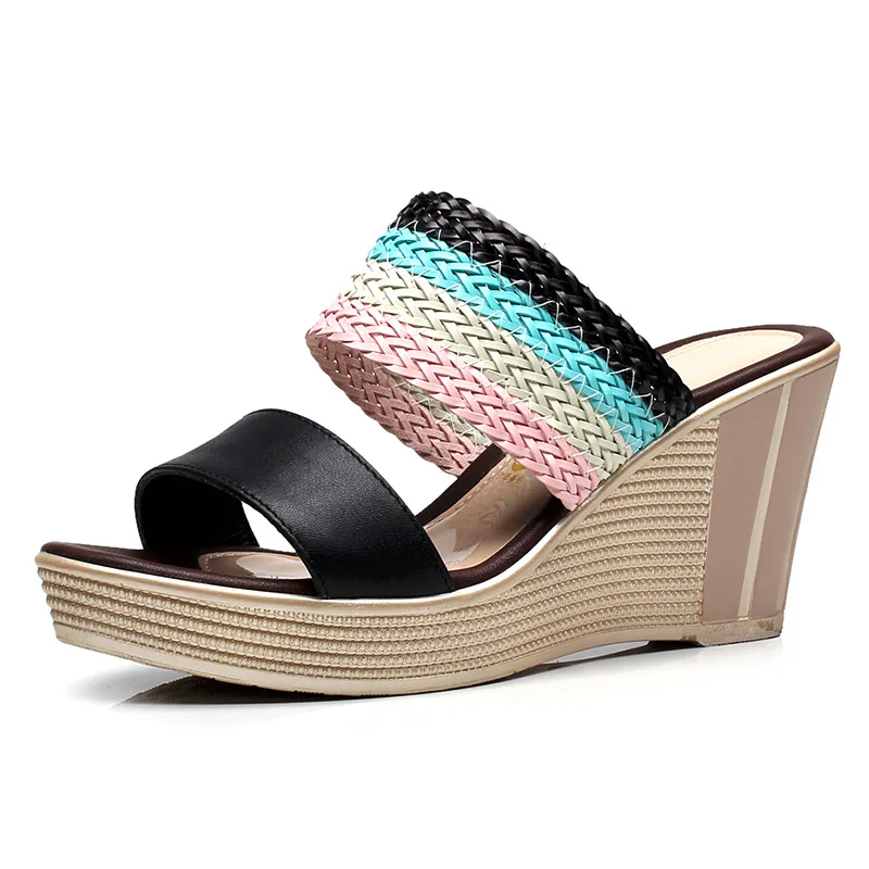 

Small Size 32-43 Mix Color Knit Leather Shoes Women Platform Wedges Slippers Summer 2022 High Heels Slides for Office Beach