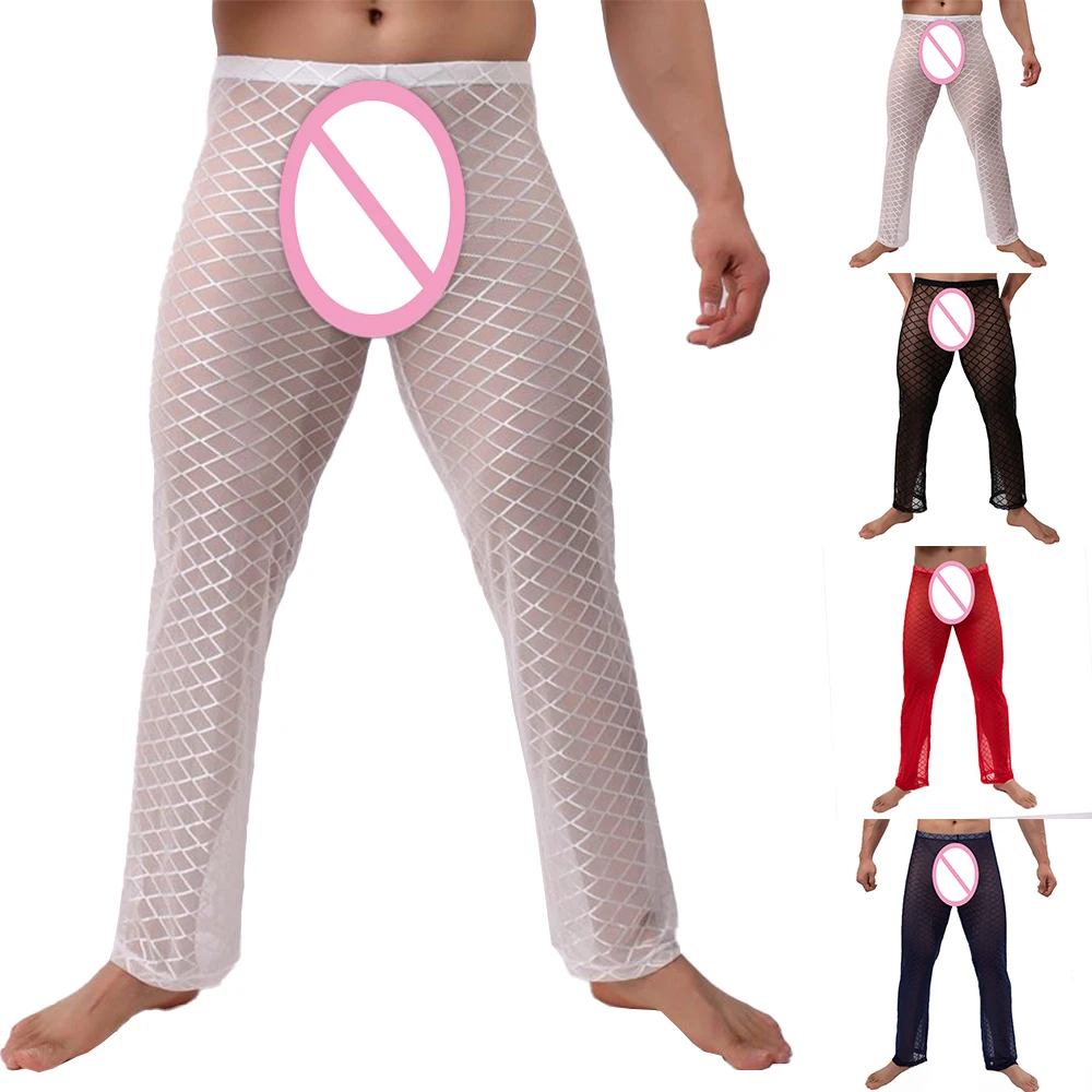 Sexy Men See-through Mesh Long Pants Underpants Sheer Trouser Soft Thin Lingerie Base Layer Sleep Bottoms