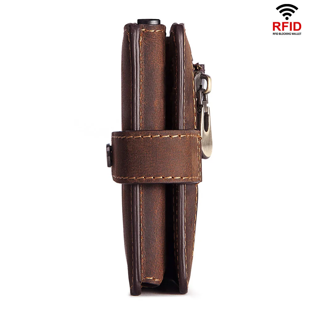 Men's Wallet Crazy Horse Leather Coin Purse RFID Anti-Magnetic Short Wallet Vintage Zipper Leather Card Holder for Men