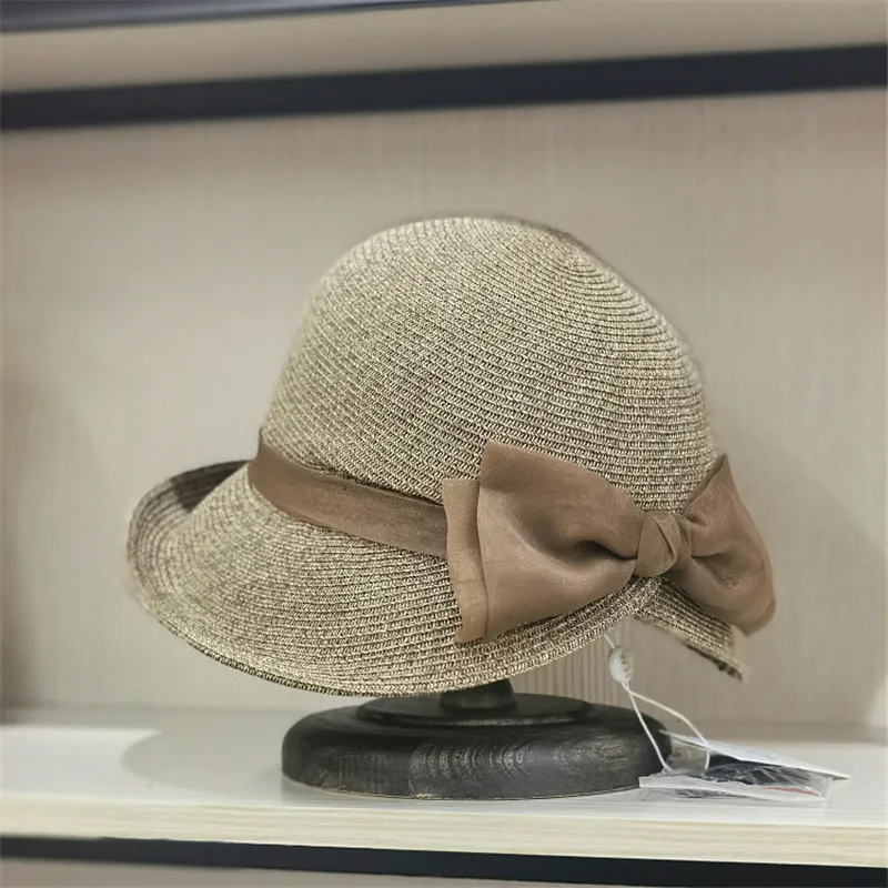 

202204-lulu japan summer dropshipping Organza bowknot plant fibres paper grass curled brim grace lady sun cap women leisure hat