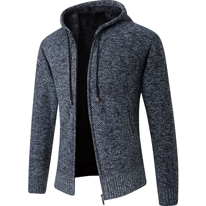 

New Cardigan Sweater Mens Hooded Fleece Collar Warm Sweatercoat Winter Thick Slim Fit Solid Hoodies Jacket Male Sueter Masculino