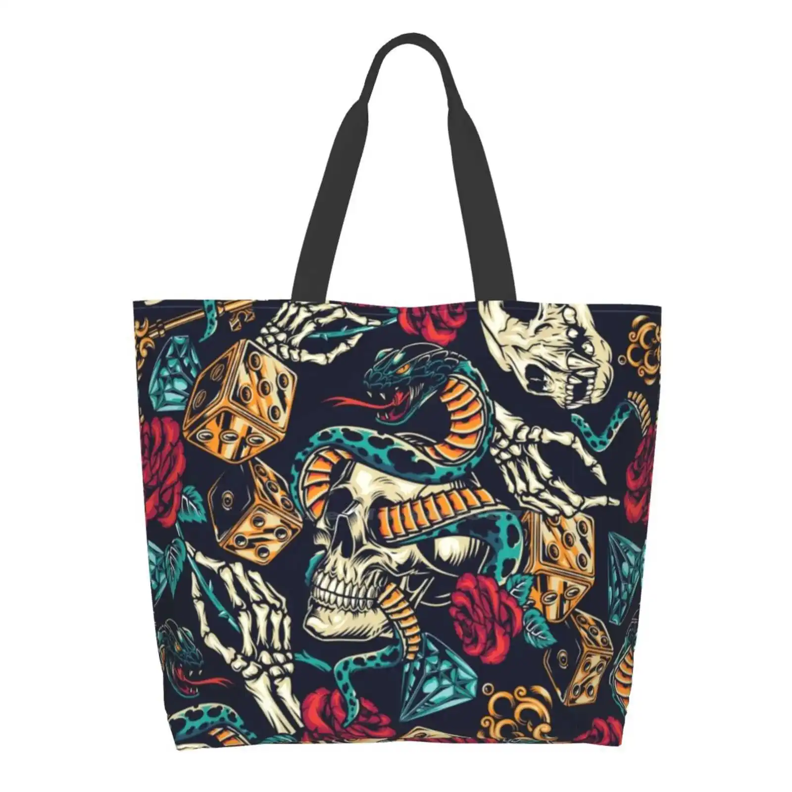 

Get Rich Or Die Trying Snake Rose Skull Dice Diamond Pattern Printed Casual Tote Large Capacity Female Handbags Snake Rose