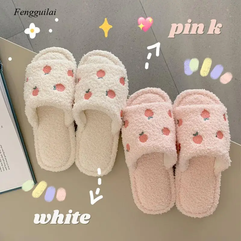 2022 Cute Cartoon Peach Plush Women Slippers Winter Home Warm Furry Footwear New Fashion Autumn House Slides Female Flip Flops