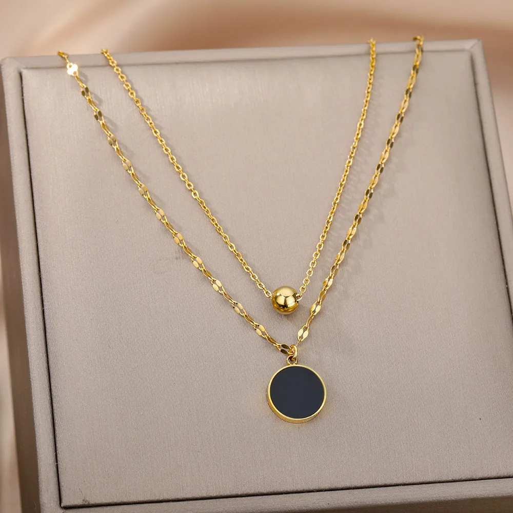 

Vintage Black Round Pendant Necklace For Women Stainless Steel Gold Plated Multilayer Chain Necklace Aesthetic Jewerly Collar
